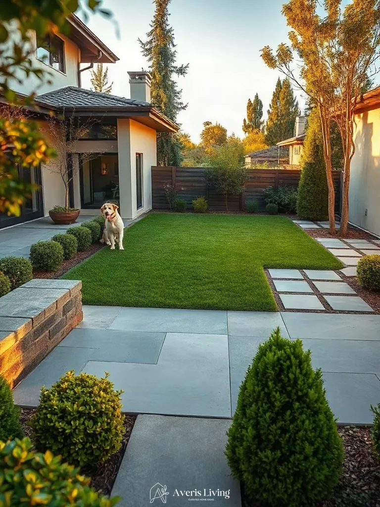 Zoned outdoor layout utilizing dog friendly backyard ideas in a modern landscape
