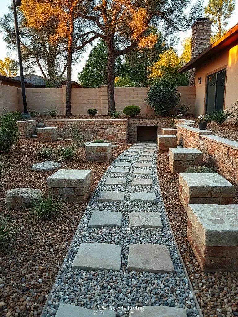 Drought tolerant backyard retaining wall defining zones in a modern landscape