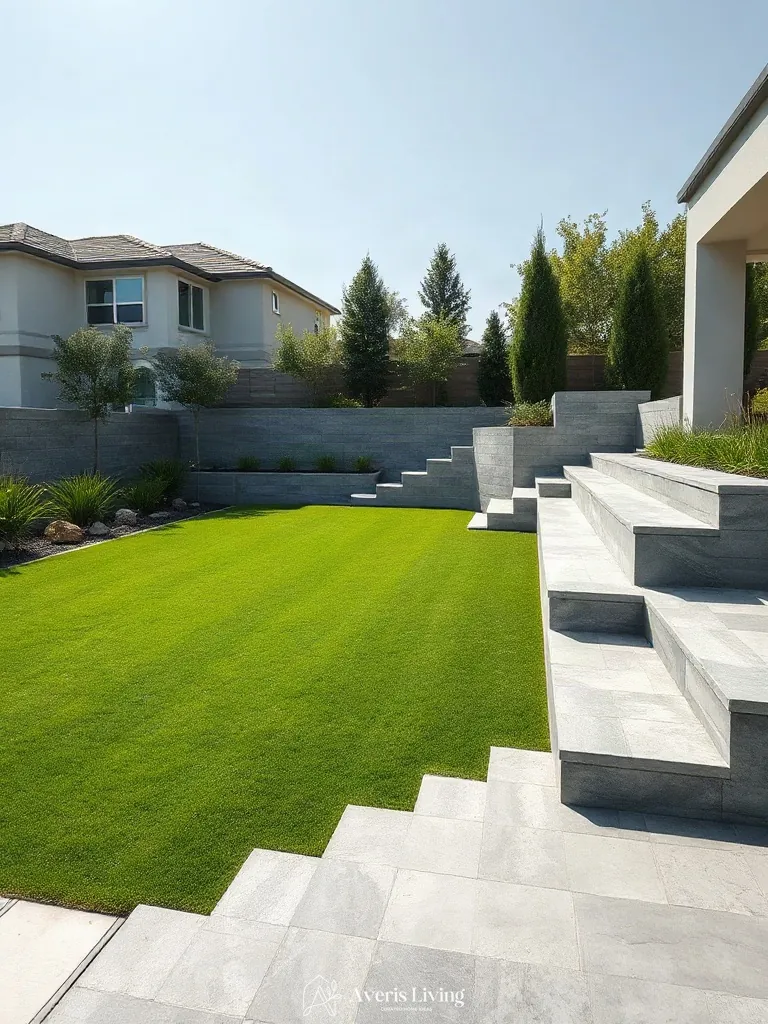 Modern backyard with retaining wall defining zones