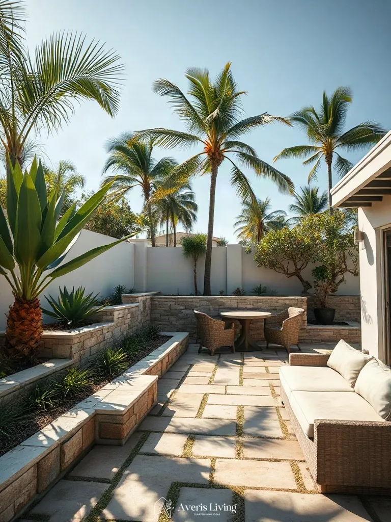 Stone retaining walls defining outdoor zones in a tropical backyard