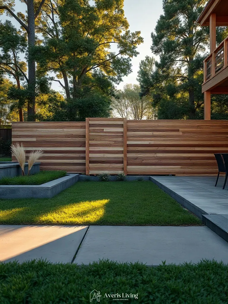 Modern wooden backyard privacy fence dividing exterior zones