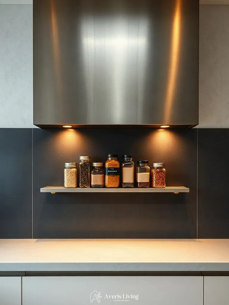Structural steel backsplash featuring magnetic spice rack ideas