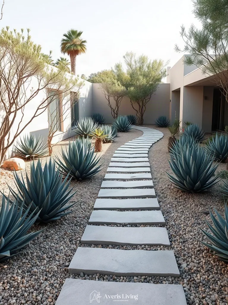 Structural stone pathways framing dry landscape planting beds