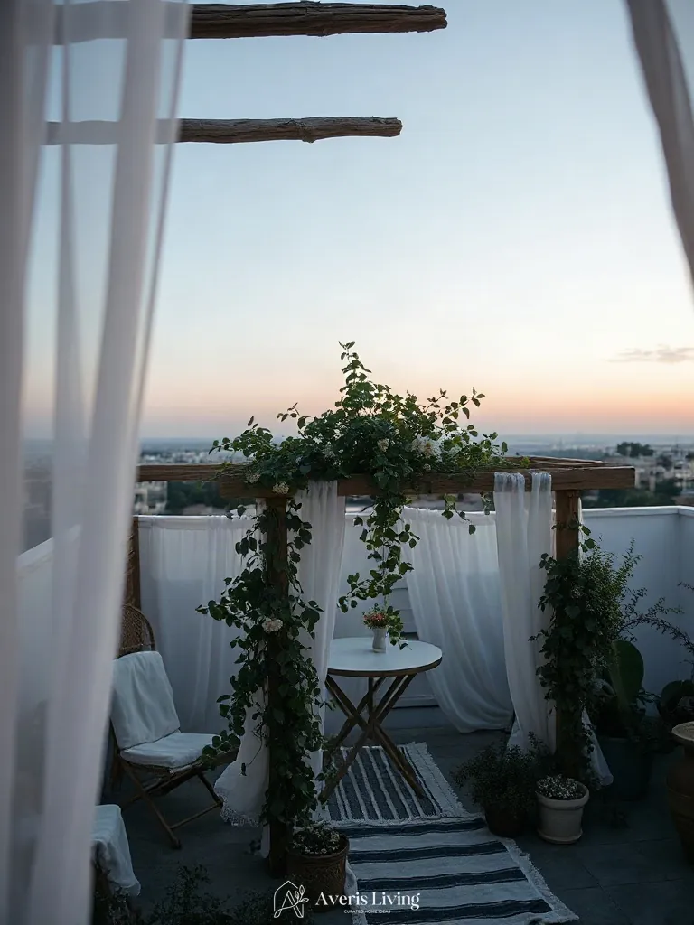 Overhead timber pergola framing a bohemian balcony decor lounge space.
