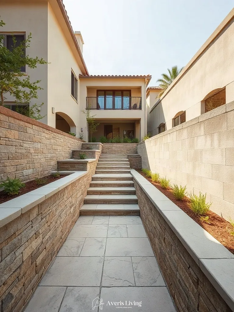 Structural tiering and engineered step risers in custom retaining walls
