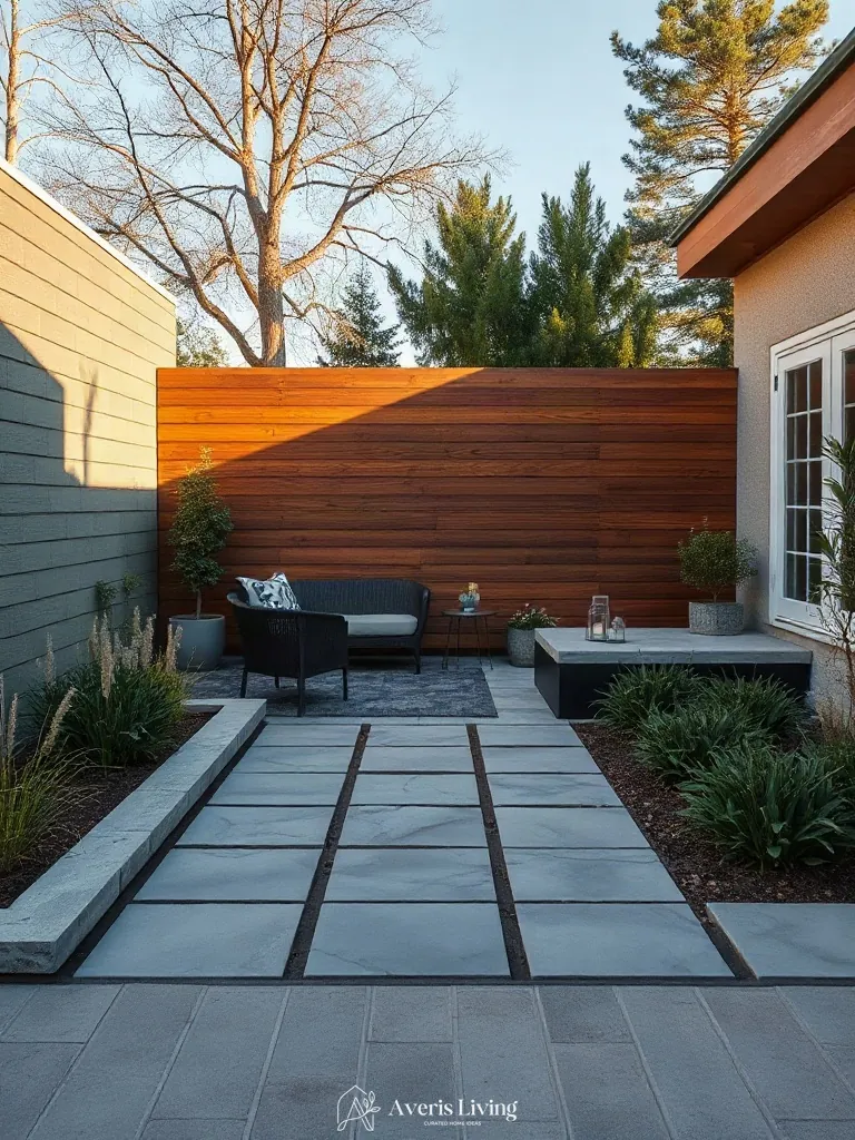 Teak privacy fence transitioning to stone patio
