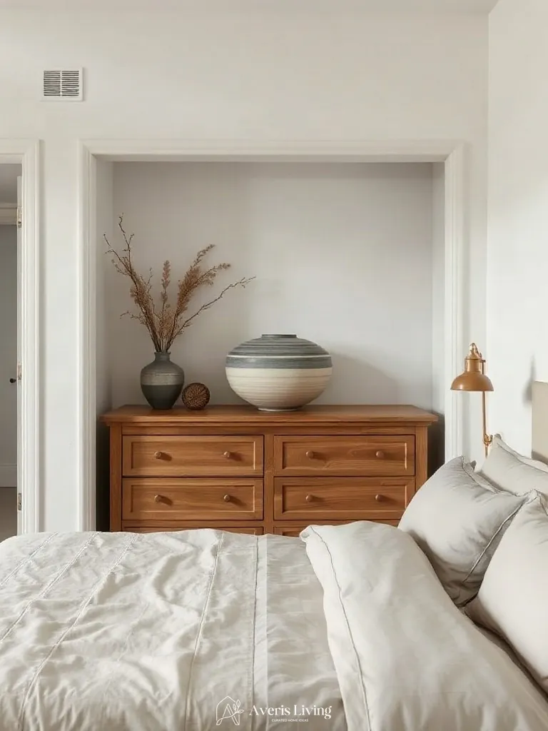 Handcrafted sculptural ceramics complementing neutral farmhouse bedding sets