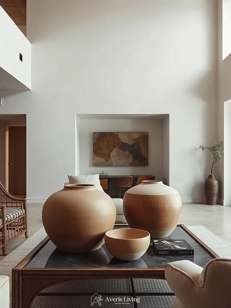 Sculptural ceramics styling a rattan furniture living room arrangement