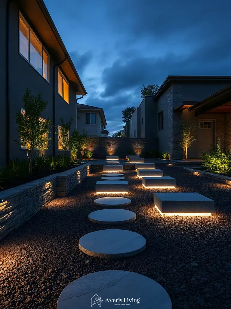 Backlit modern stepping stones casting a soft glow on backyard gravel