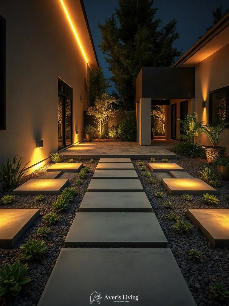 Backlit modern backyard stepping stones design creating a floating illumination effect
