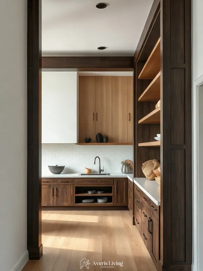 Ebonized wood contrasts in an open shelving farmhouse kitchen