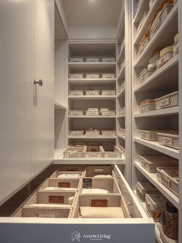 Textured linen liners inside drawers with pantry organization bins and labels.