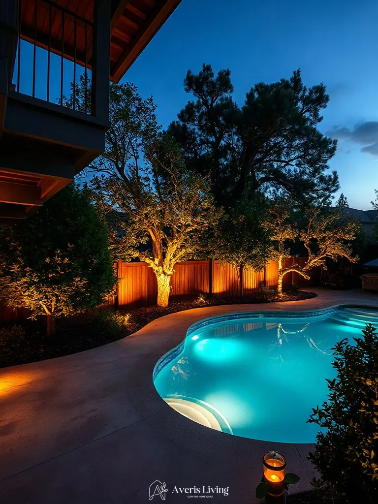 Subtle landscape lighting and glowing pool in boho backyard privacy fence makeover
