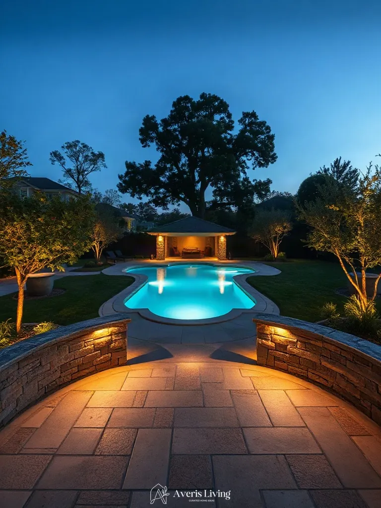 Subtle landscape lighting highlighting trees and pool near a luxury backyard shed before and after