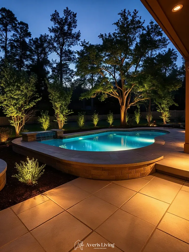 Subtle landscape lighting with uplighted trees and glowing pool water