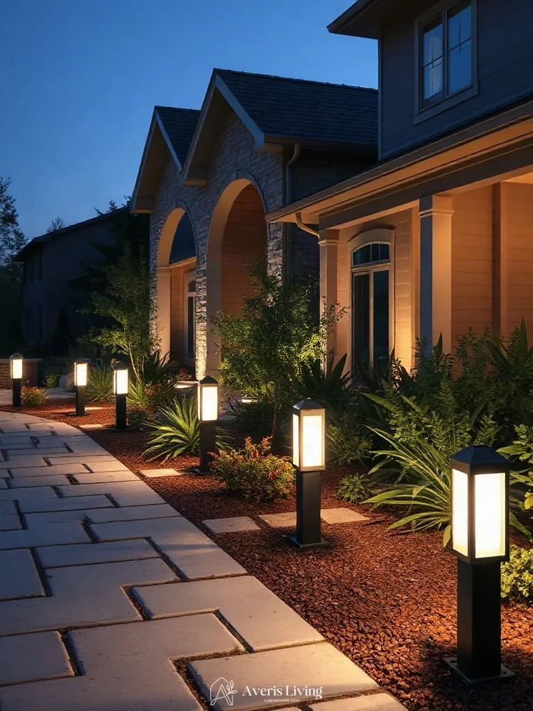 Low-voltage path lighting creating evening drama in a luxury garden