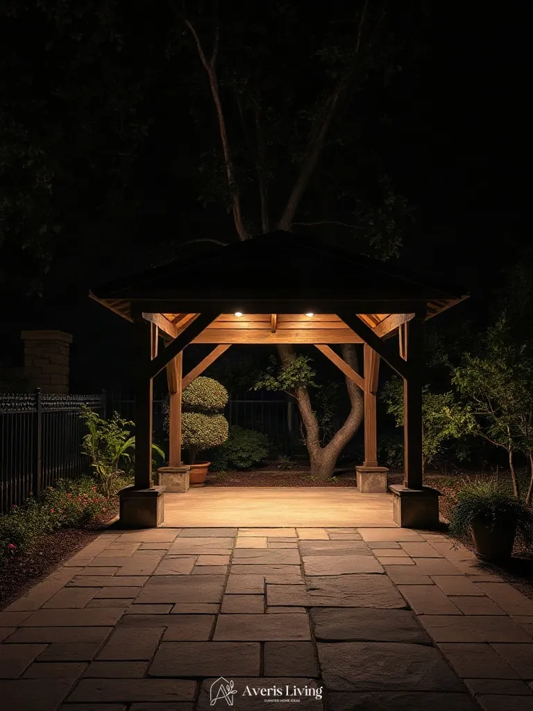 Subtle tree-mounted moonlighting illuminating a backyard gazebo