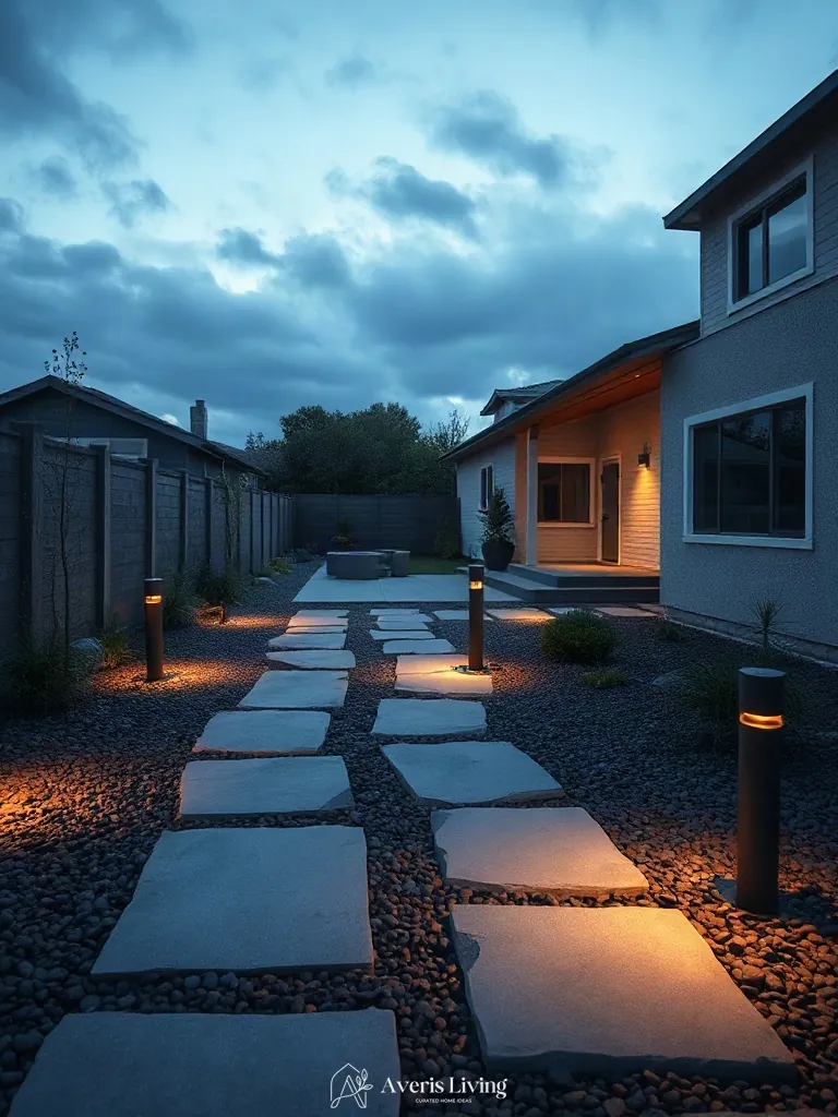 Subtle path lighting illuminating backyard stepping stones