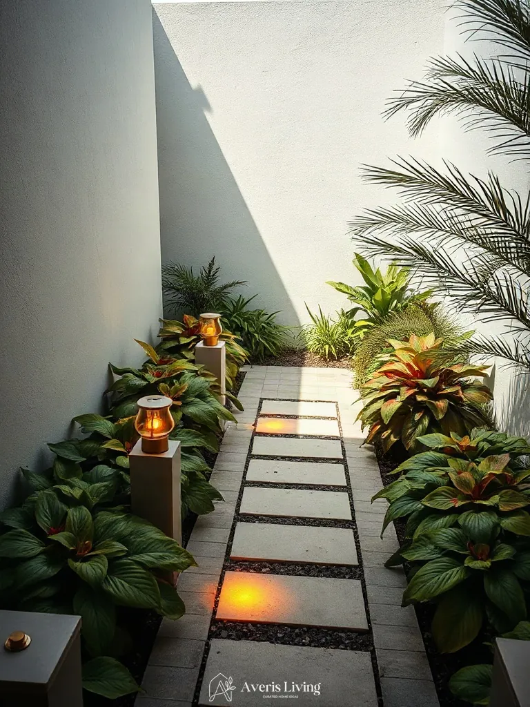 Pathway markers in tropical backyard flower bed design inspiration