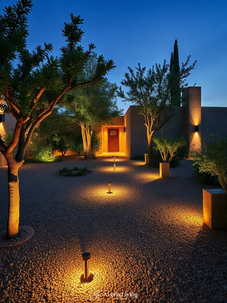 Subtle tree uplighting and pathway markers along a modern walkway