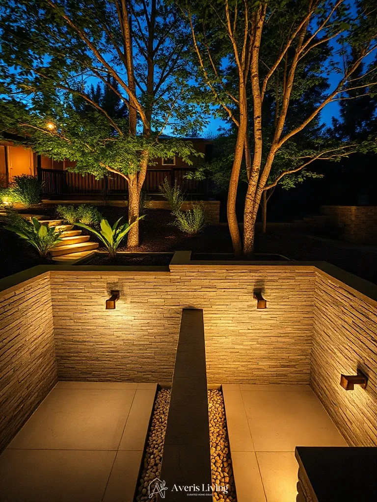 Subtle tree uplighting and wall wash fixtures along a stone retaining wall