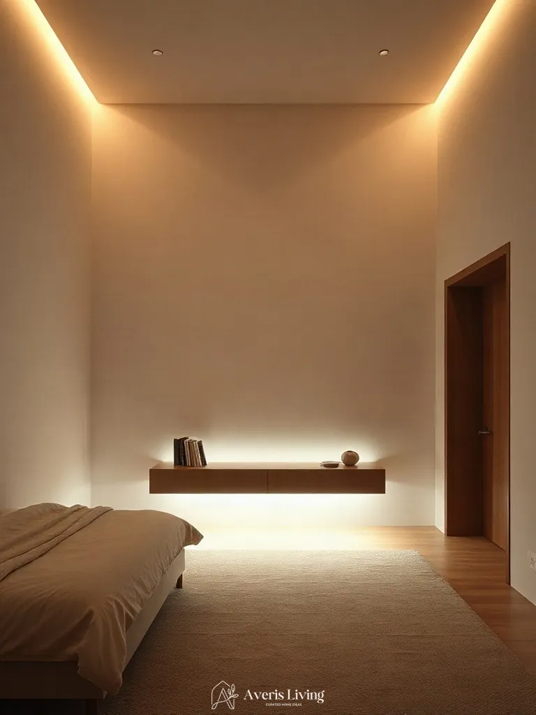 Concealed under-shelf lighting highlighting floating nightstands in small bedroom