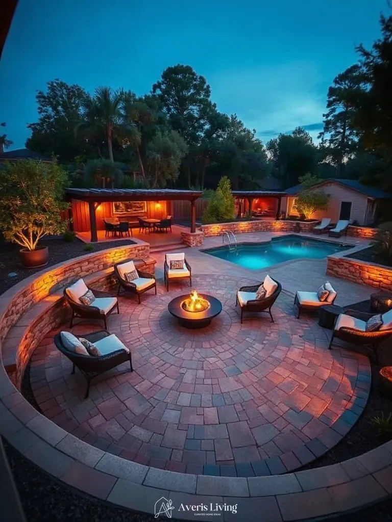 Sunken circular lounge layout with accent chair and glowing fire