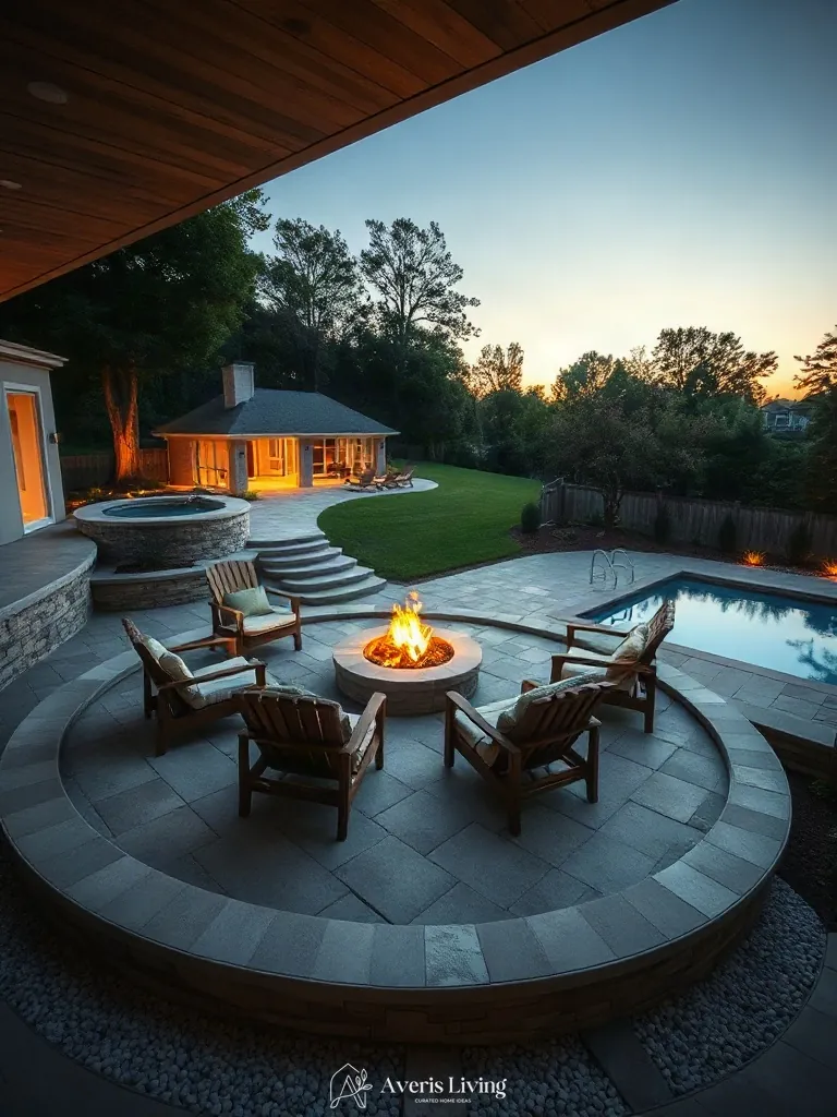 Sunken circular lounge layout for a luxury backyard shed before and after