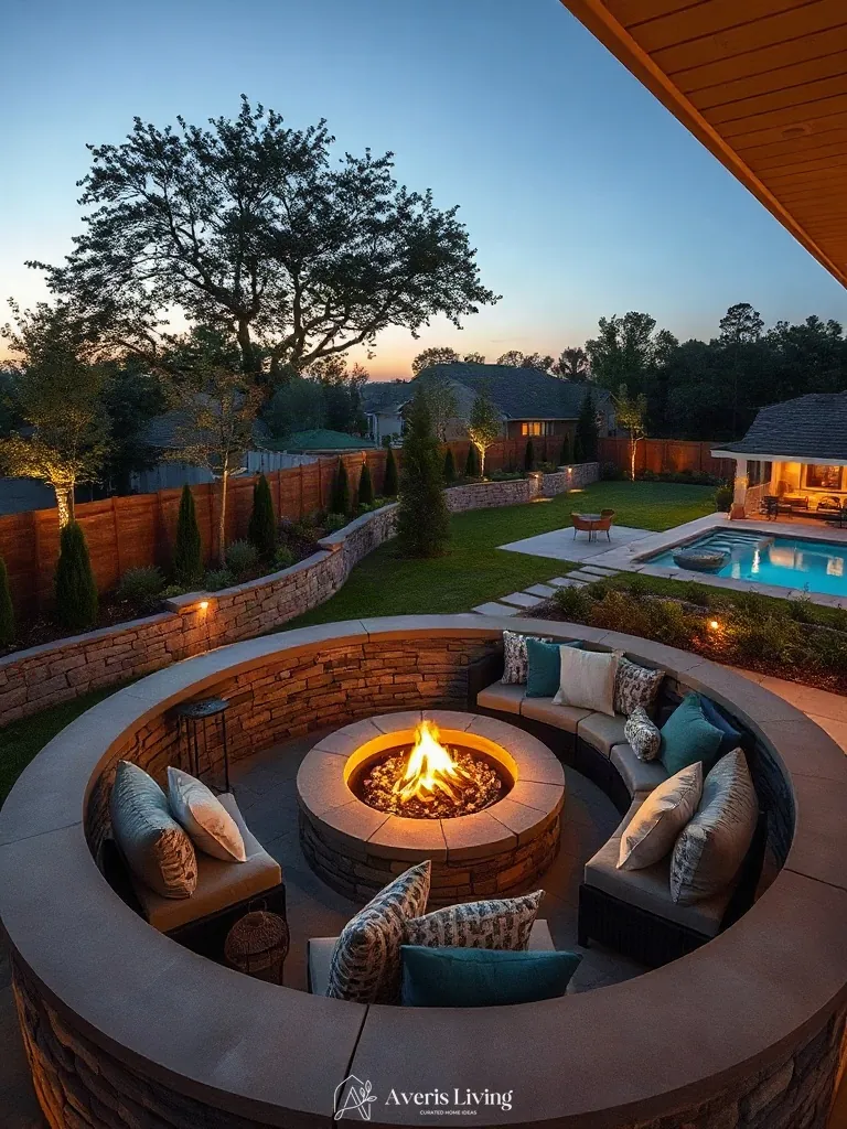 Hero sunken conversation pit and circular fire pit in boho backyard privacy fence makeover