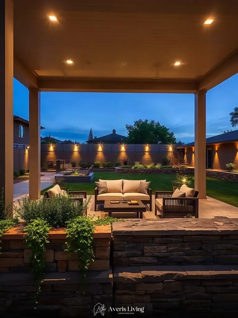 Sunken conversation pit with luxury upholstery beneath a backyard gazebo
