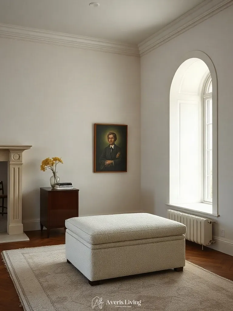 Ivory bouclé fabric texture on a modern storage ottoman against plaster walls