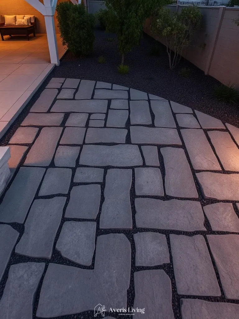 Tactile flagstone paving in a low maintenance backyard landscaping design.