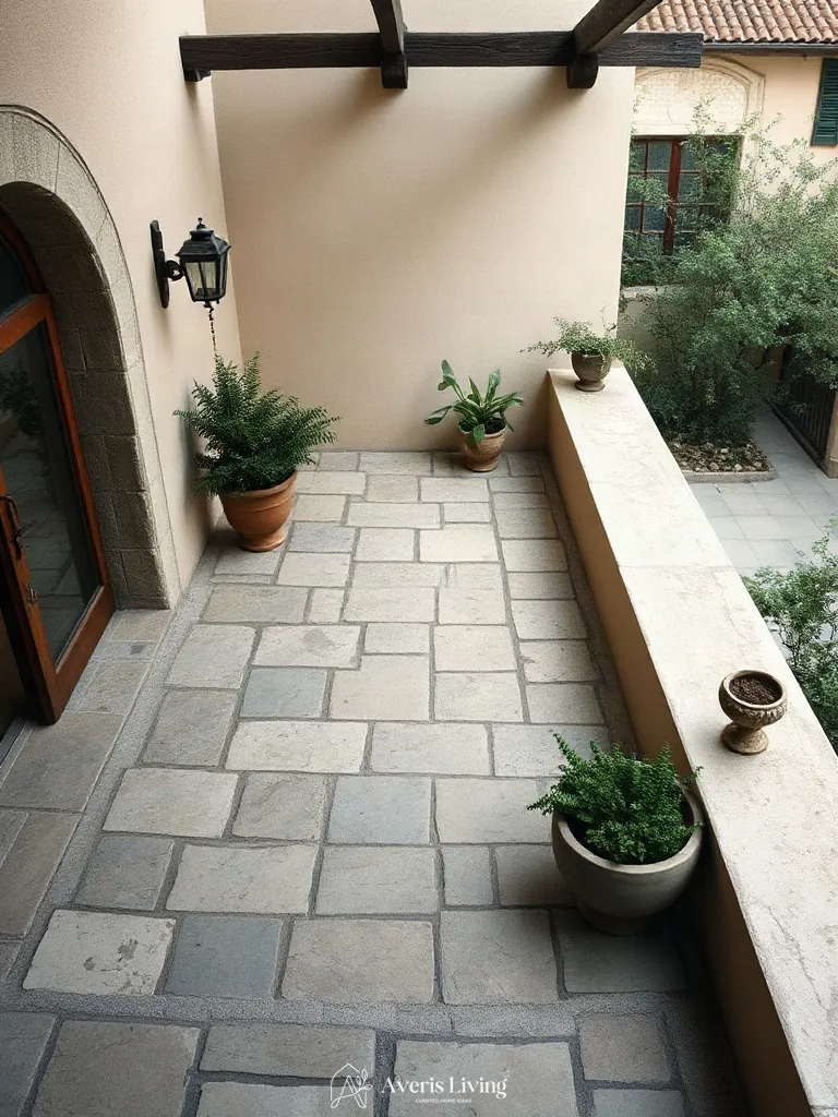 Tactile flagstone flooring within a bohemian balcony decor layout.