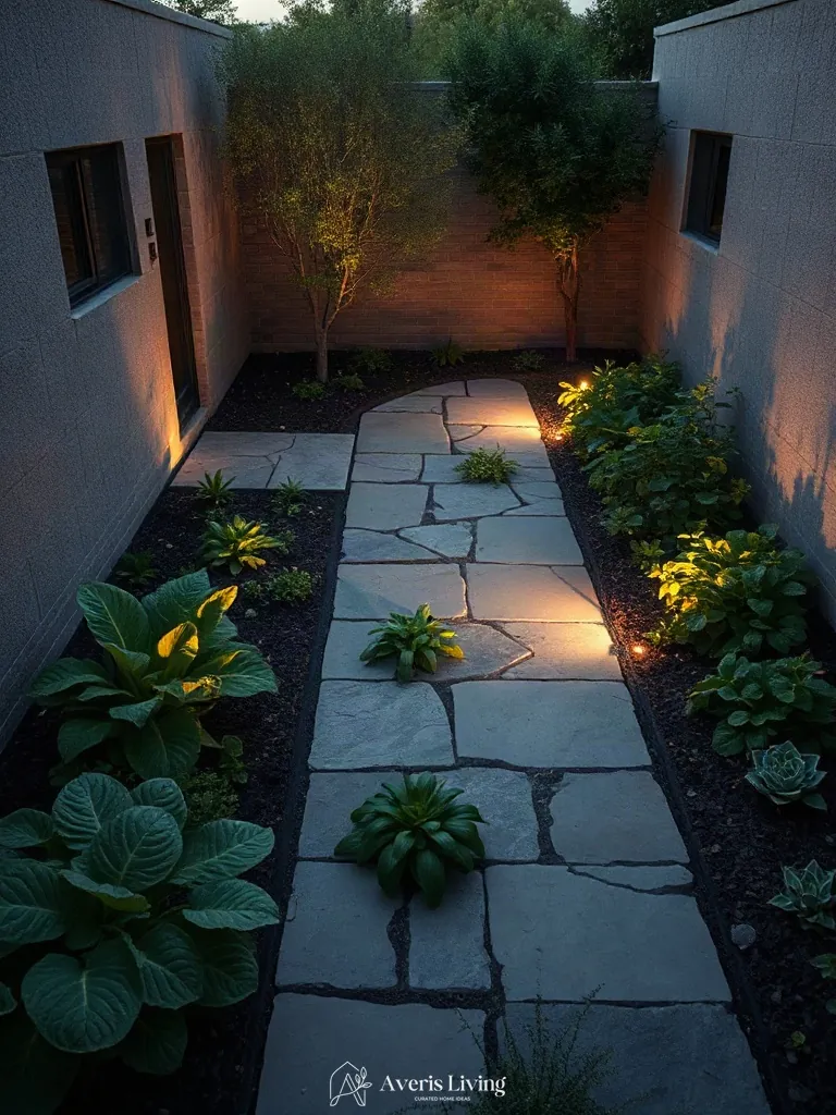 Tactile flagstone paving in a natural no grass backyard vegetable garden layout