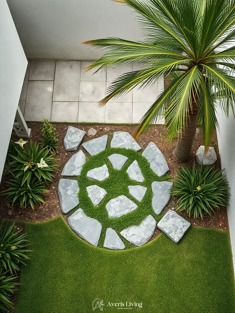 Flagstone walkways in tropical backyard flower bed design inspiration