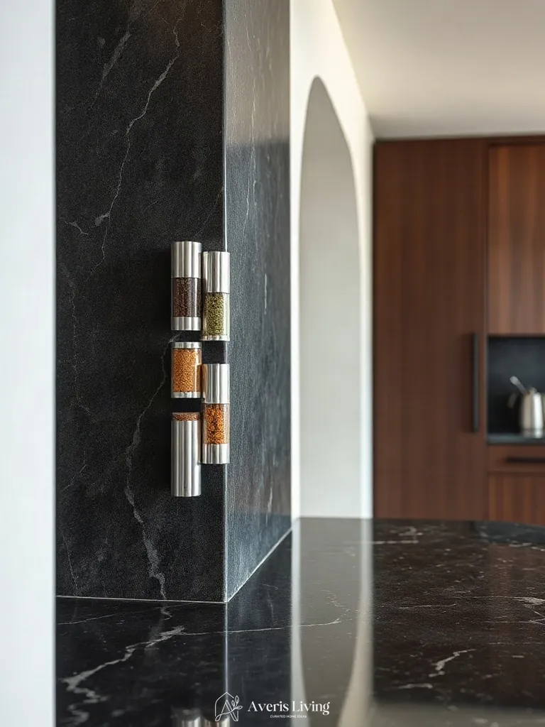 Soapstone surround featuring polished nickel magnetic spice rack ideas