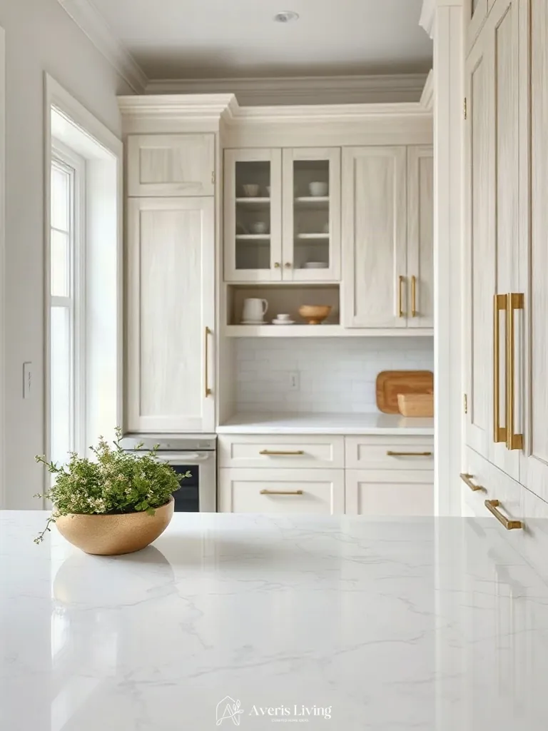 Tactile material layering featuring honed marble and affordable kitchen storage