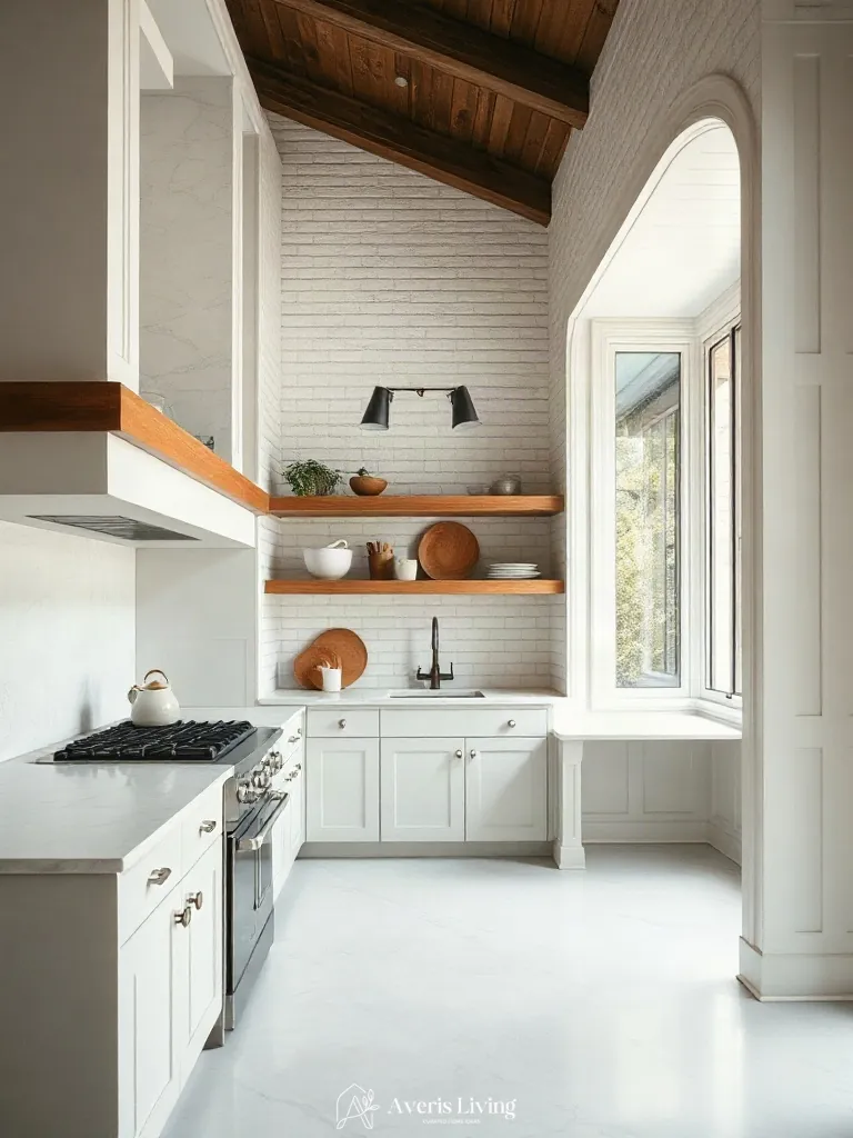 Honed marble surfaces in an open shelving farmhouse kitchen