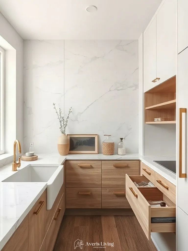 Honed marble and rift-cut oak in under sink storage solutions kitchen.