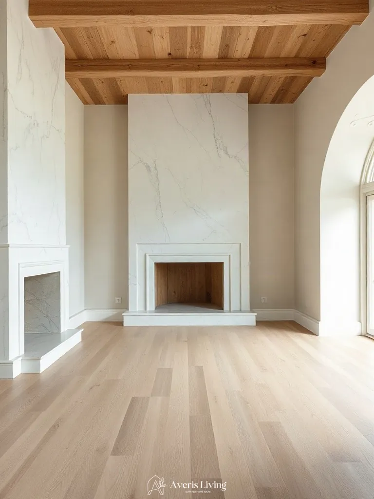 Tactile layering of honed marble and oak in a farmhouse master bedroom aesthetic