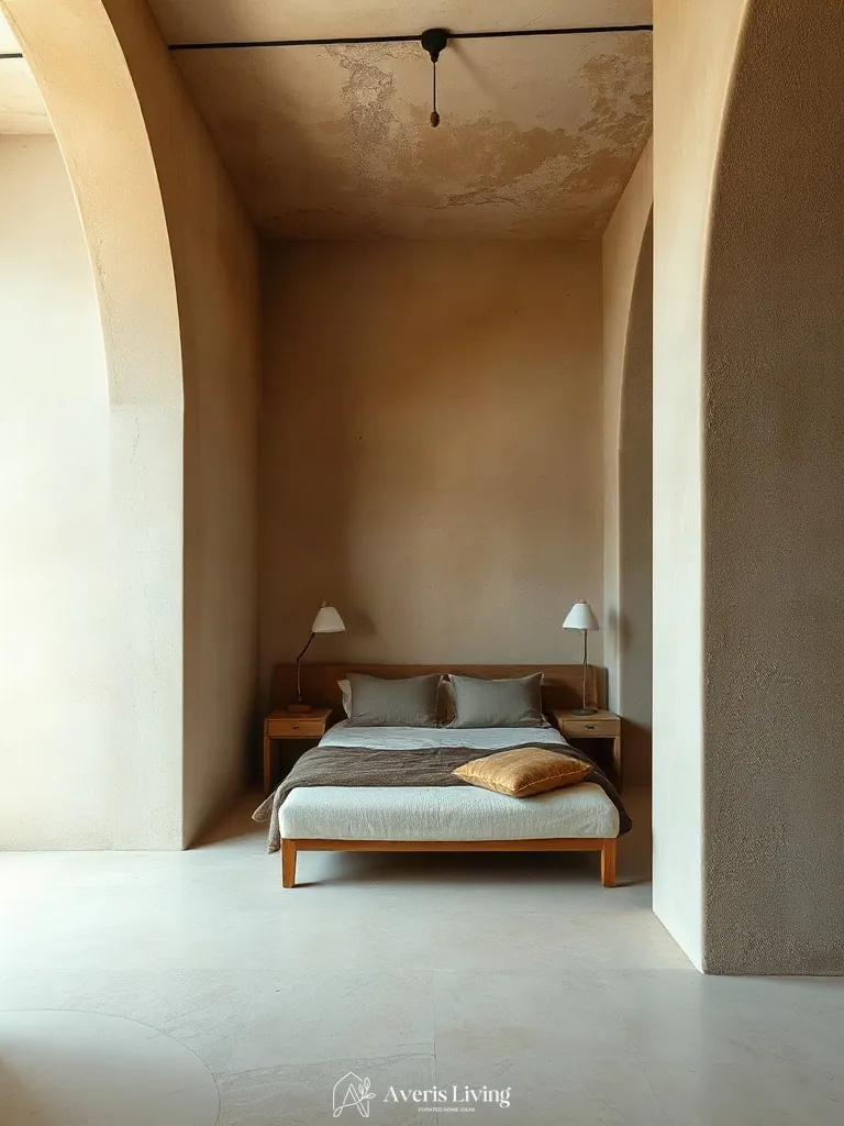 Marble and plaster layering in an earthy boho bedroom aesthetic