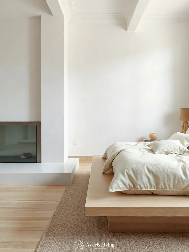 Material contrast of honed marble and soft neutral farmhouse bedding sets