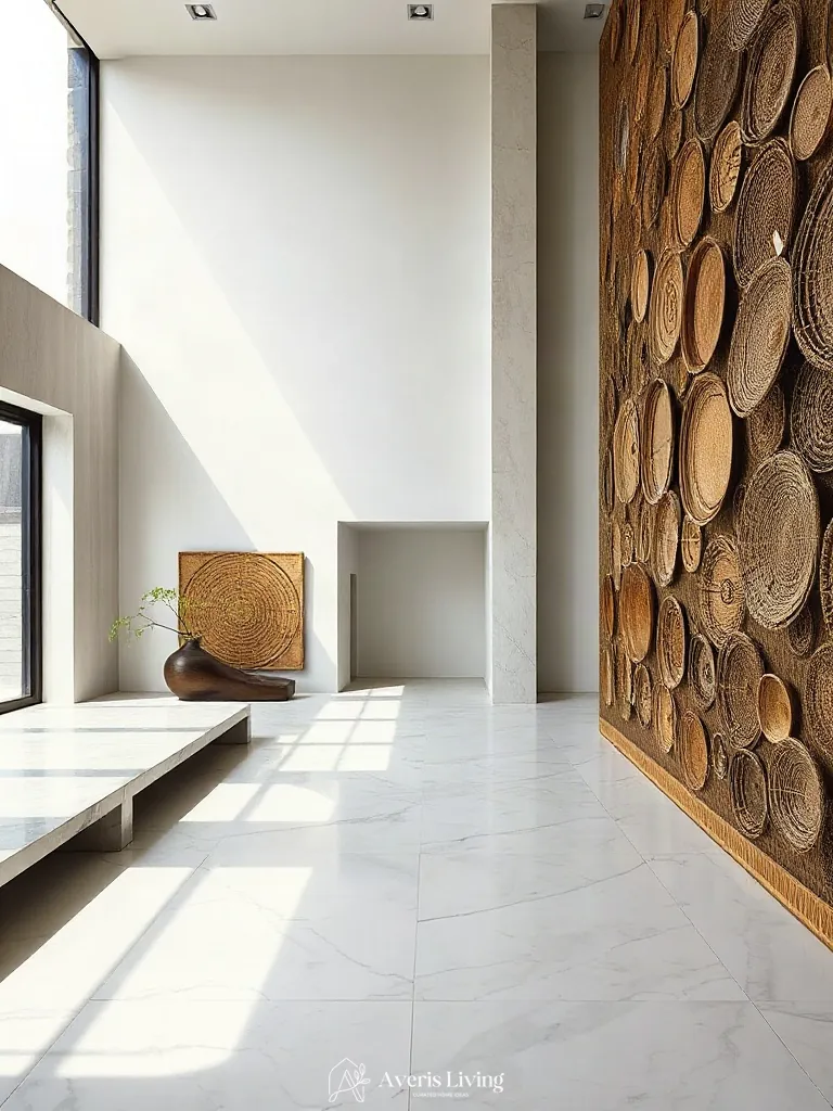 Honed marble and rift-cut white oak materials surrounding a woven basket wall display.