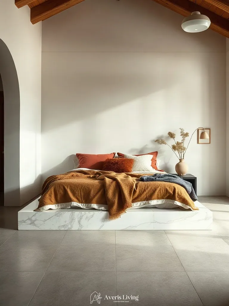 Honed marble and oak base under colorful bohemian bedding