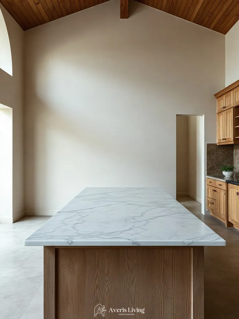 Honed marble countertop resting on a rustic wood kitchen island.