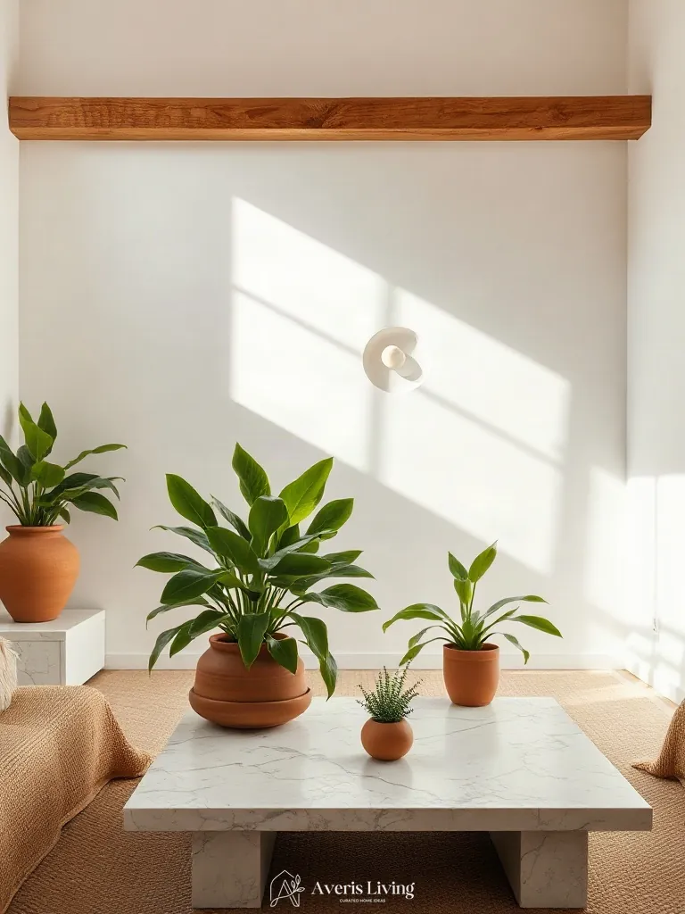 Honed travertine and terracotta holding indoor plants in a boho living room