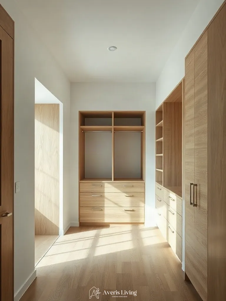 Rift-cut white oak textures in small closet organization systems