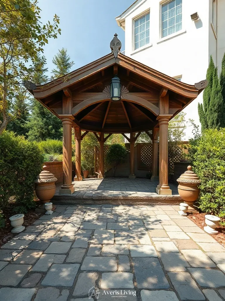 Tactile paving stones anchoring an aesthetic backyard gazebo design