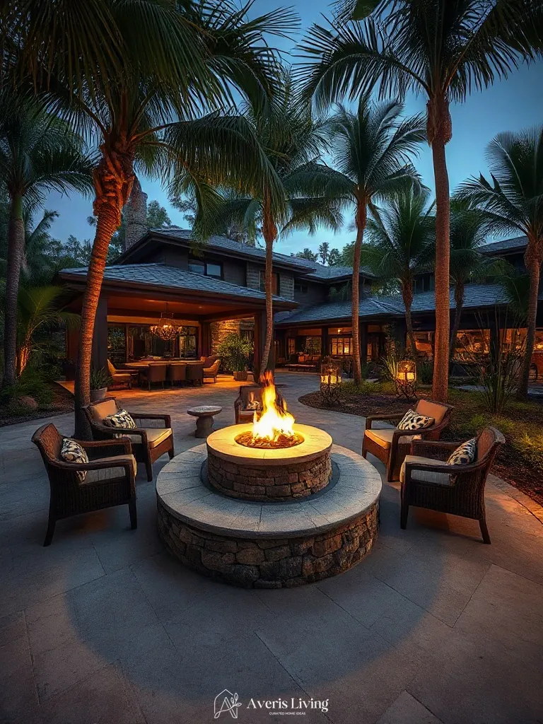 Fire pit lounge area backed by a tropical retaining wall