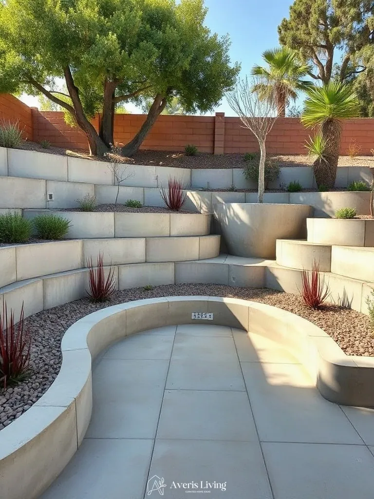 Sunken seating alcove framed by retaining walls